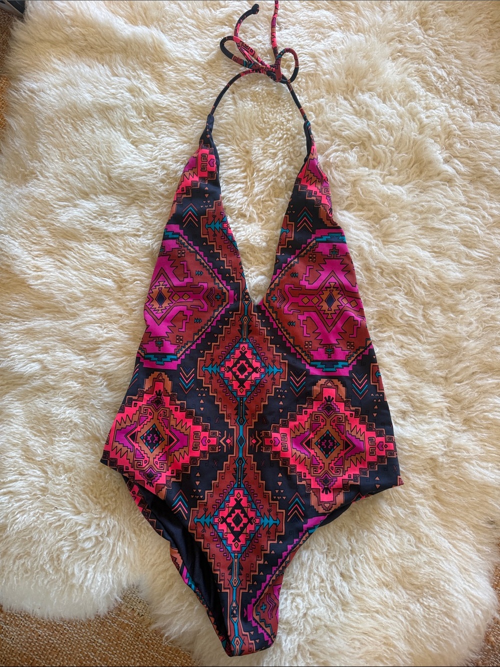 Billabong Halter One-Piece in Bright Pink and Black Aztec